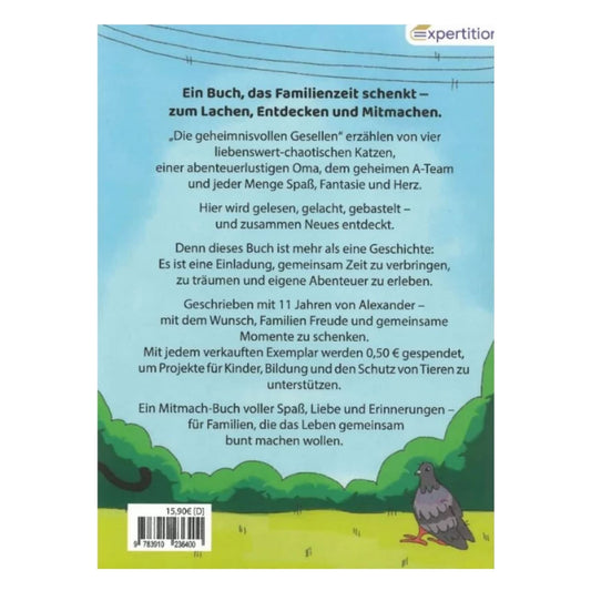 Rückseite des Buches „Die geheimnisvollen Gesellen“ mit Beschreibung des Mitmachbuchs für gemeinsame Familienzeit